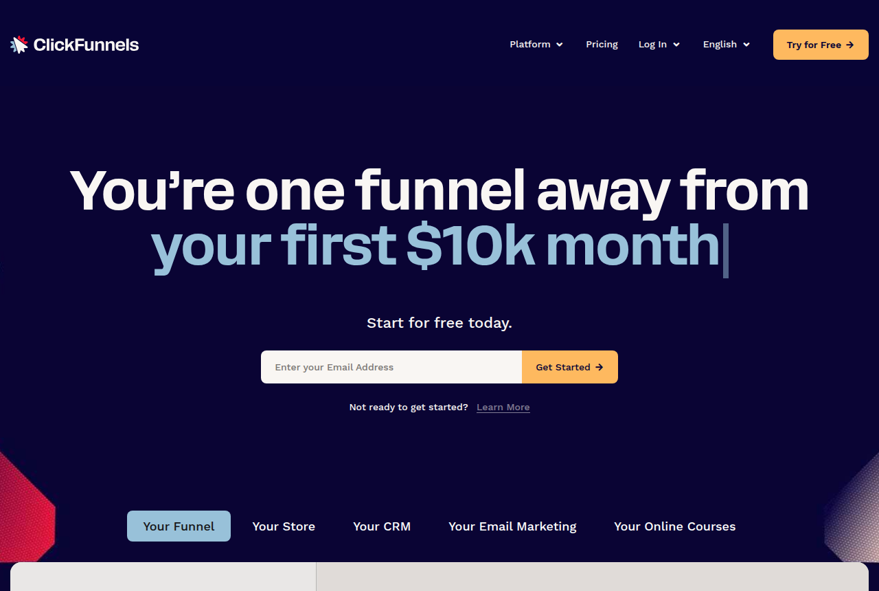 The ClickFunnels homepage, showing its sales funnel builder.